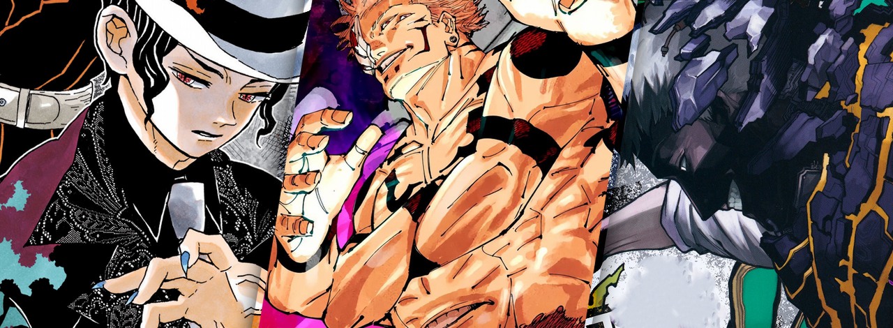 Złoczyńców z Jujutsu Kaisen, My Hero Academia i Demon Slayera łączy pewien osobliwy szczegół, źródło grafiki: Demon Slayer, Koyoharu Gotouge, Shueisha, 2016 / Jujutsu Kaisen, Gege Akutami, Shueisha, 2018 / My Hero Academia, Kohei Horikoshi, Shueisha, 2014.