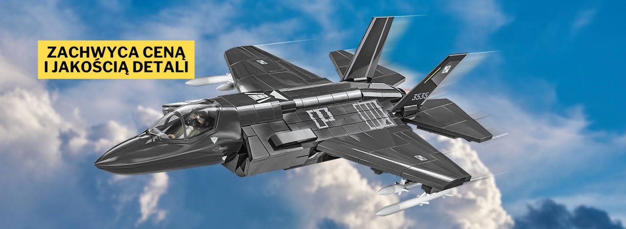 Oryginał wart blisko 90 mln dolarów za sztukę wkrótce zasili polską armię, a COBI stworzyło jego idealną replikę. Model myśliwca F-35A Lightning II to zestaw, który niedługo wyląduje na mojej półce, źródło grafiki: COBI; materiały promocyjne.