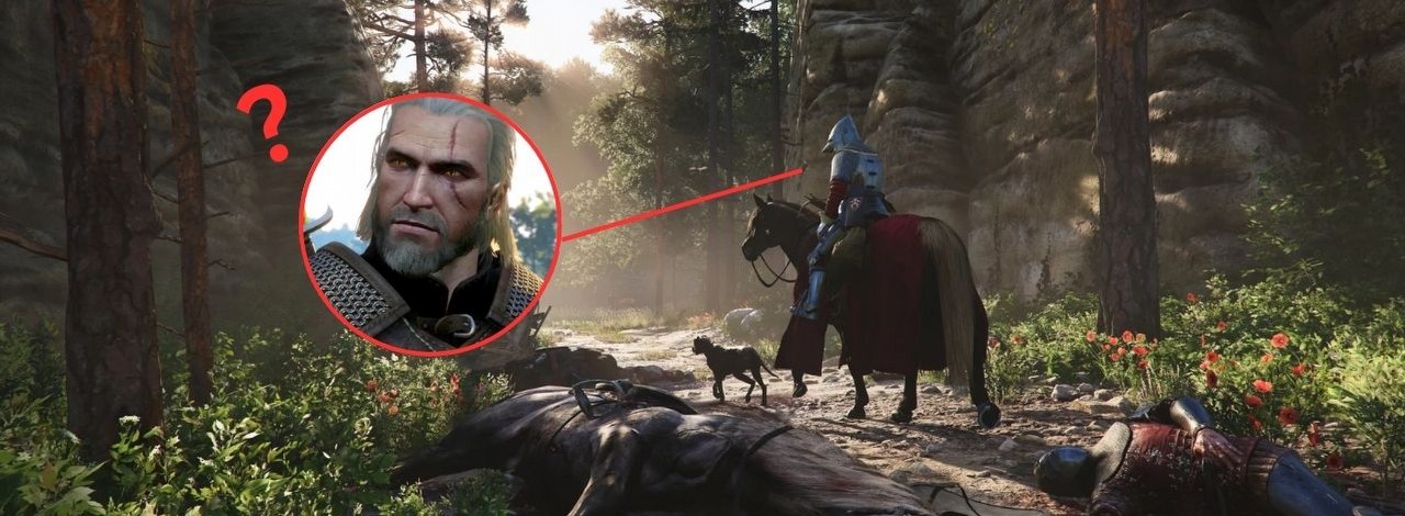 Gracze Kingdom Come 2 mają wrażenie, że znaleźli w grze Wiedźmina. Tajemniczego jegomościa z mieczem na plecach widać w jednej ze scen, źródło grafiki: Warhorse Studios / CD Projekt RED.