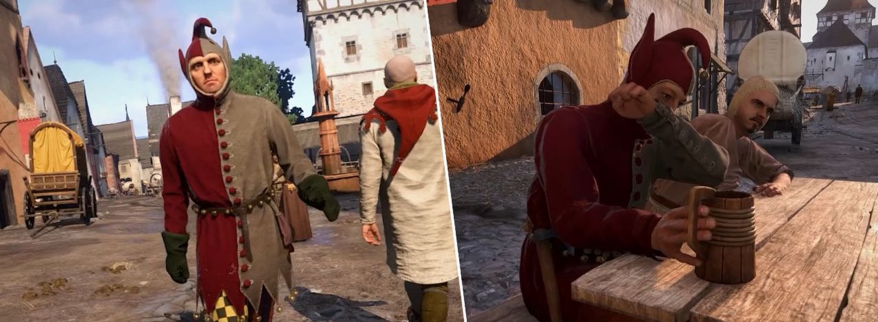Gracz Kingdom Come 2 zmienił wszystkich mieszkańców Kuttenbergu w błaznów. Teraz to miasto czeskich klaunów, źródło grafiki: Sverkerbonk / YouTube.