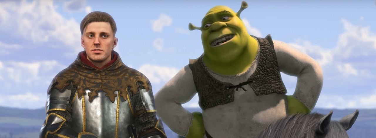 Shrek idealnie wpasował się do świata Kingdom Come 2. Z takim kompanem Henrykowi nic nie byłoby straszne, źródło grafiki: Warhorse Studios/ DreamWorks Animation/  eli_handle_b•wav.