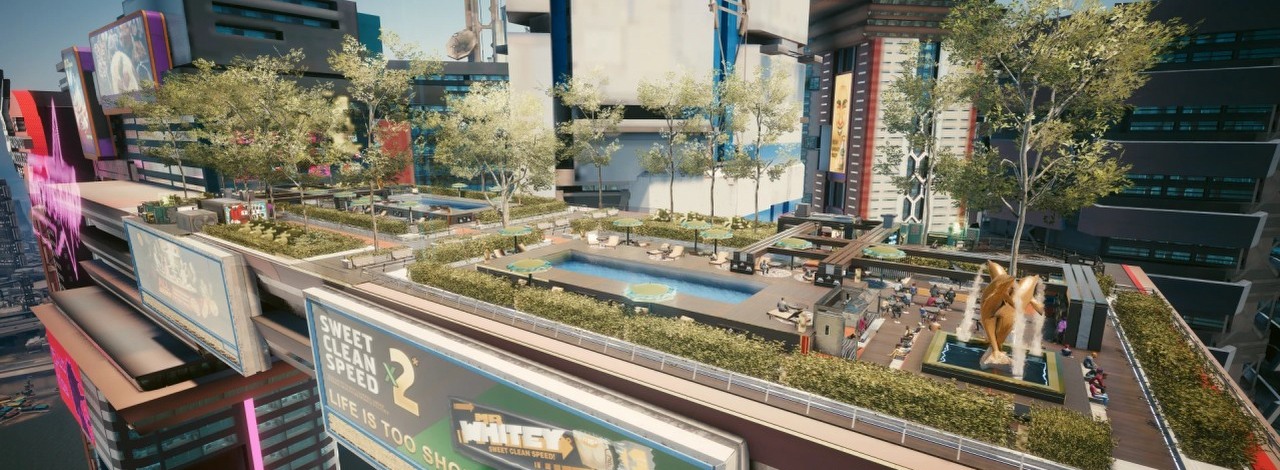 Cyberpunk 2077 ma sporo porzuconych lokacji, które teraz doczekały się poprawek. Odwiedźcie strzelnicę, basen i nowy sektor Corpo Plazy, źródło grafiki: TheRealJonCross, Nexus Mods.