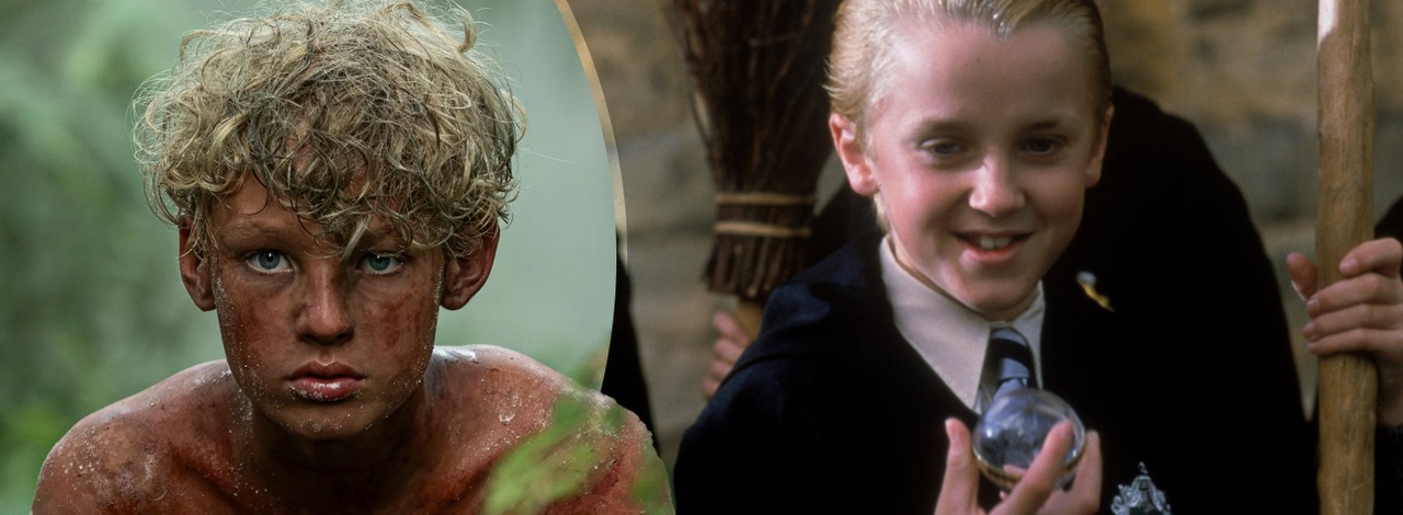 „Z tego bije energia 'Mój ojciec się o tym dowie'”. Lox Pratt w swoim nowym serialu pokazał, czemu wybrano go na Draco Malfoya w Harrym Potterze od HBO Max, źródło grafiki: Lord of the Flies, Jack Thorne, BBC One i Stan / Harry Potter i Kamień Filozoficzny, Chris Columbus, Warner Bros. Pictures, 2001.